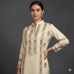 Beige Block Print Kurta Set