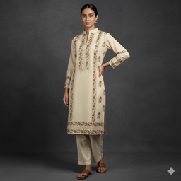 Beige Block Print Kurta Set