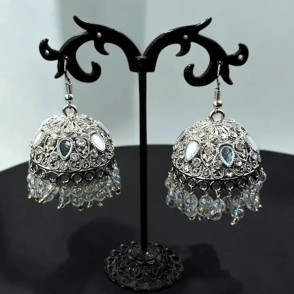 Tear Round Stone Silver Jhumki