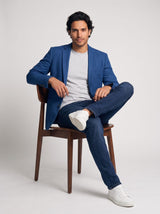 Interior view of the 57Brand Organic Indigo Sporty Blazer featuring vintage motorcycle-inspired lining, genuine leather branding label, and multiple inner pocket