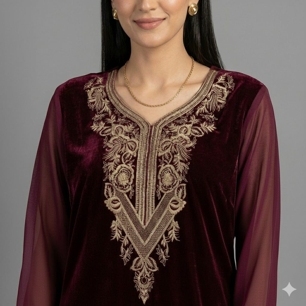 Maroon Embroidered Velvet Kurta Set