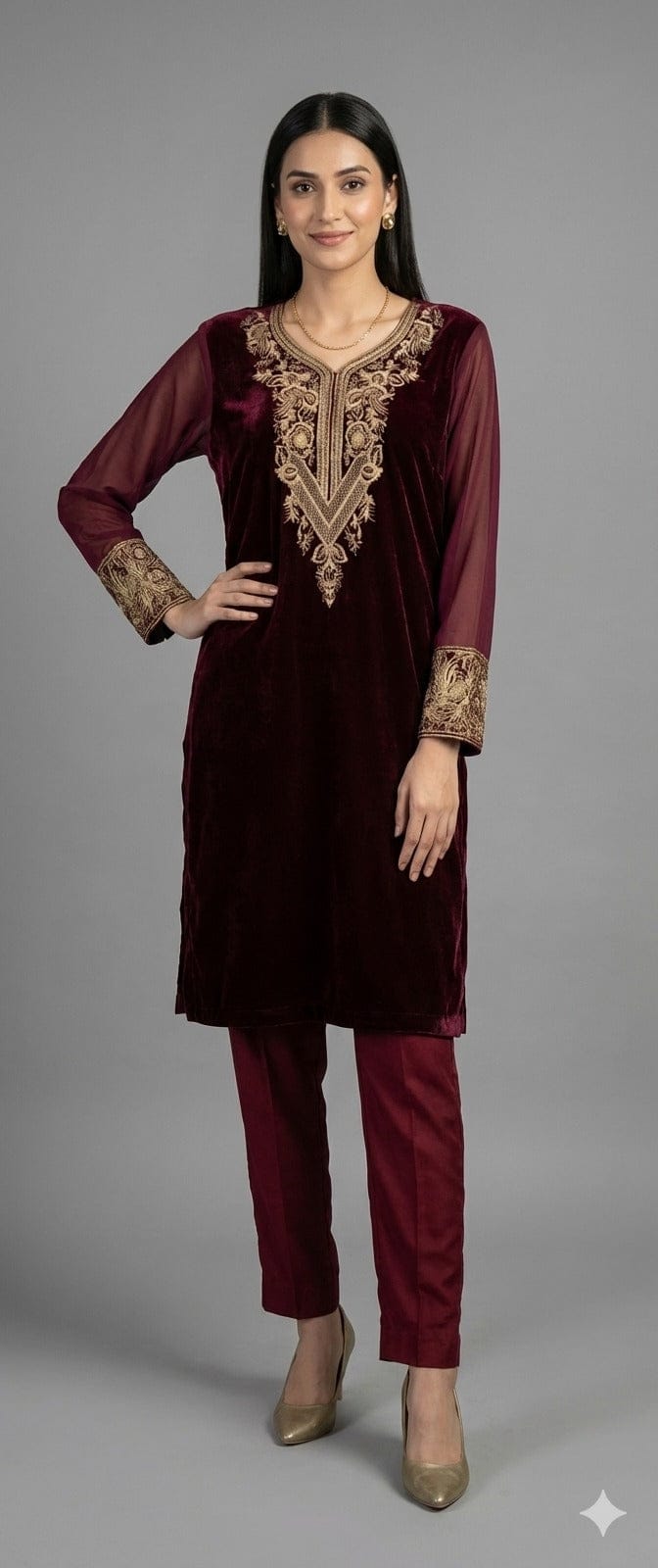 Maroon Embroidered Velvet Kurta Set
