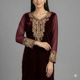 Maroon Embroidered Velvet Kurta Set