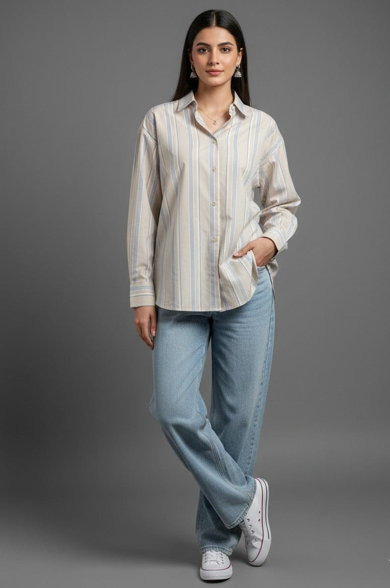 Beige Stripe Cotton Classic Shirt