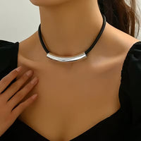 Adjustable Black PU Leather & Metallic Choker Necklace