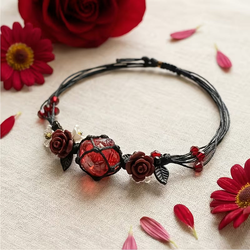 Handwoven Red Rose Bracelet – Vintage Boho Floral Cord Wristband