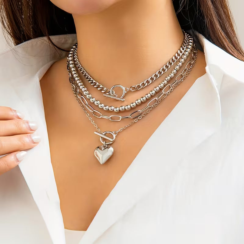 4-Piece Geometric Heart Necklace Set – Elegant OT Clasp Jewelry