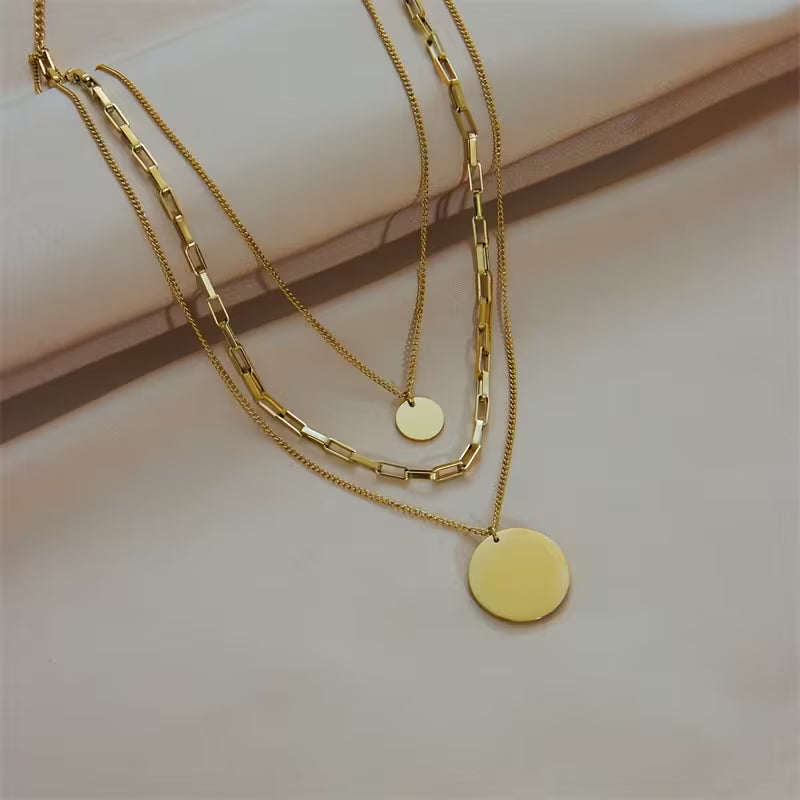 Stainless Steel Triple-Layer Coin Pendant Necklace