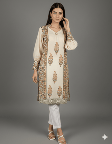 Beige Block-Print Kurti Set