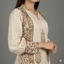 Beige Block-Print Kurti Set