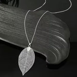 Silver Leaf Texture Hollow Long Necklace