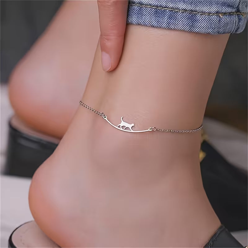 Cute Stainless Steel Cat Anklet – Adjustable Beach Anklet