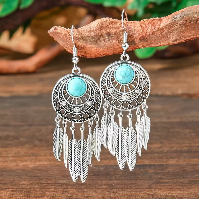 Ethnic Style Earrings With Turquoise Decoration And Feather Design