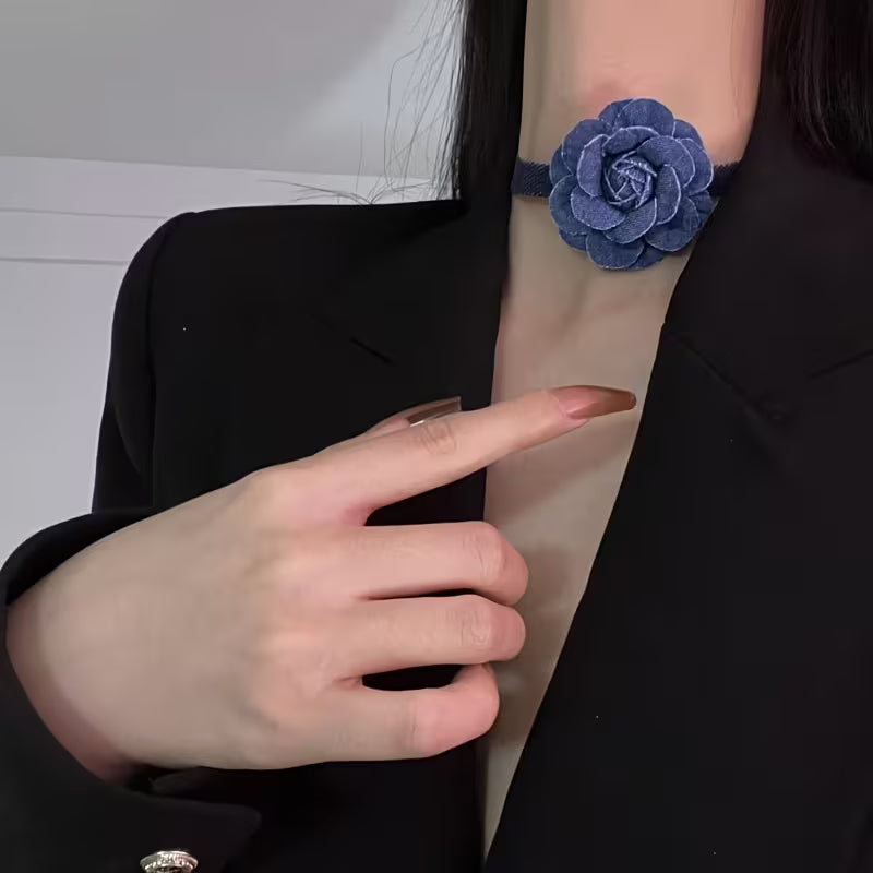 Retro Denim Flower Choker Necklace