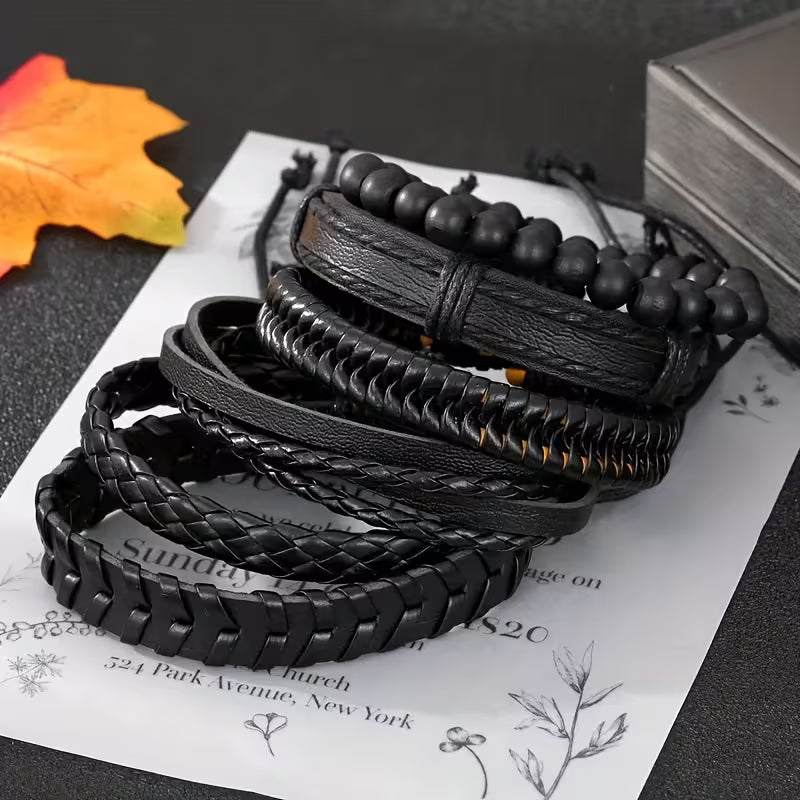 6PCS Vintage Faux Leather Layered Bracelet Set