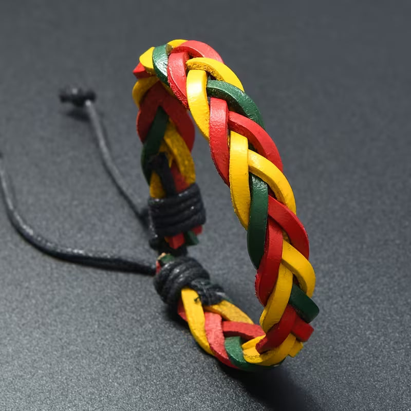 Adjustable Rasta Braided Leather Bracelet