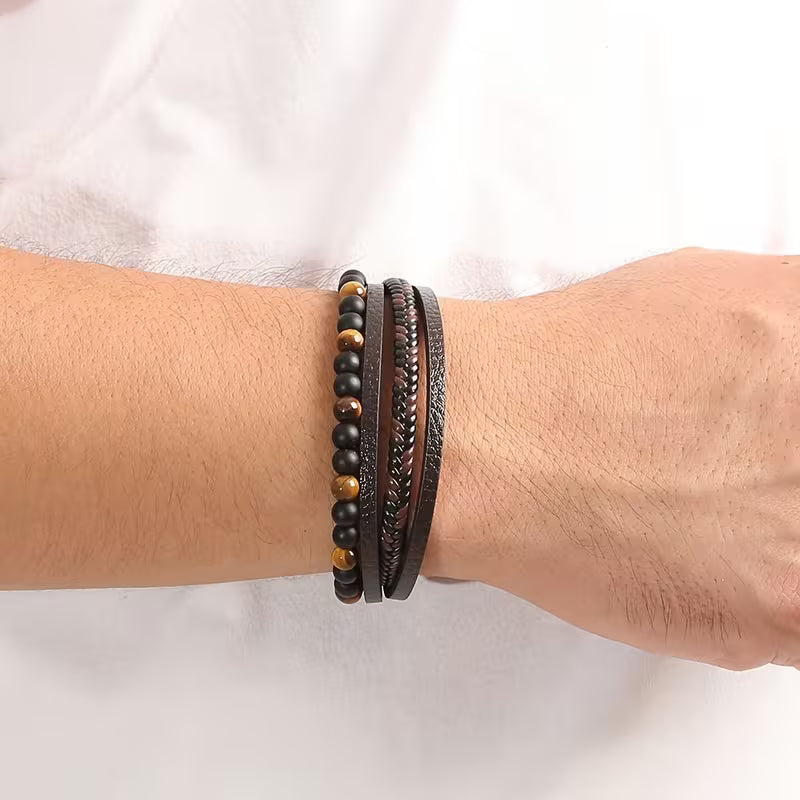 Layered Braided Tiger Eye PU Leather Bracelet