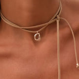 Brown Velvet Cord Necklace with Irregular Silver Pendant