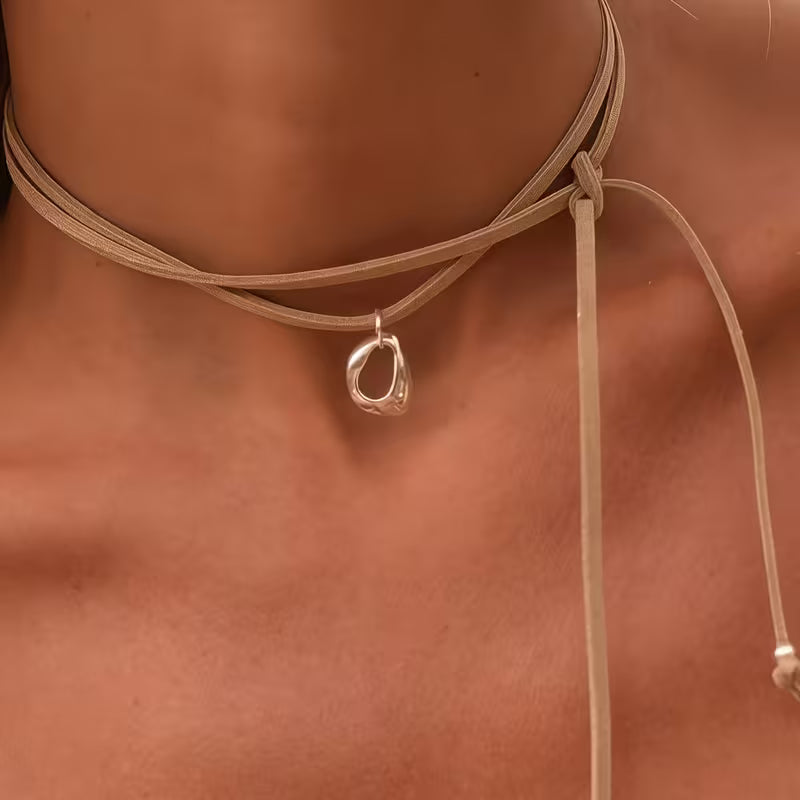 Brown Velvet Cord Necklace with Irregular Silver Pendant