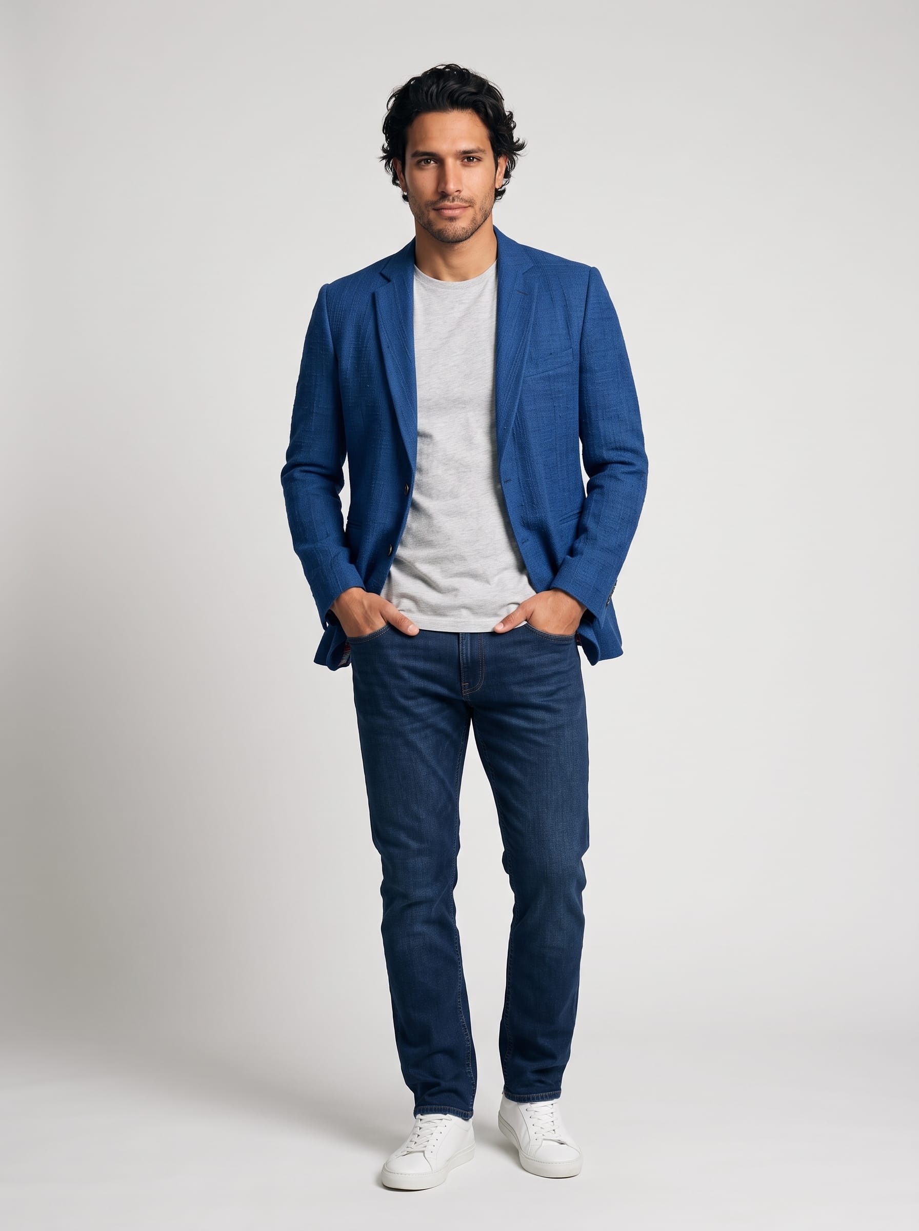 Close-up of the handcrafted organic indigo fabric showcasing handwoven texture, natural dye finish, and sustainable craftsmanship on the 57Brand men's blazer.